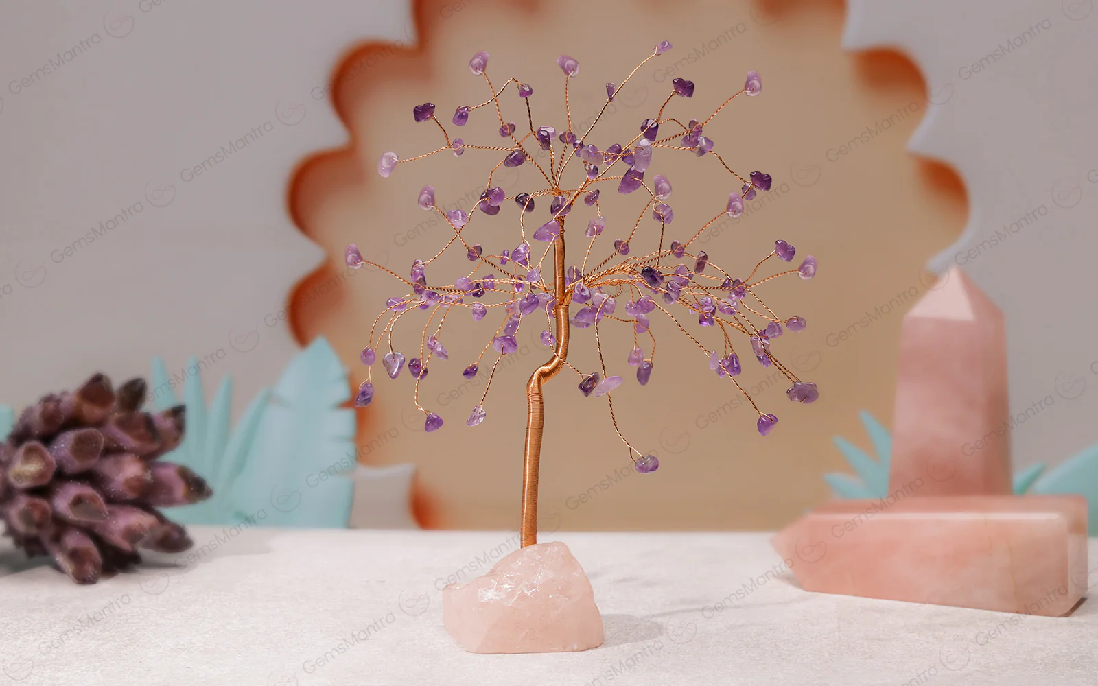 Amethyst Crystal Tree with Raw Rose Quartz – Large, for Vastu