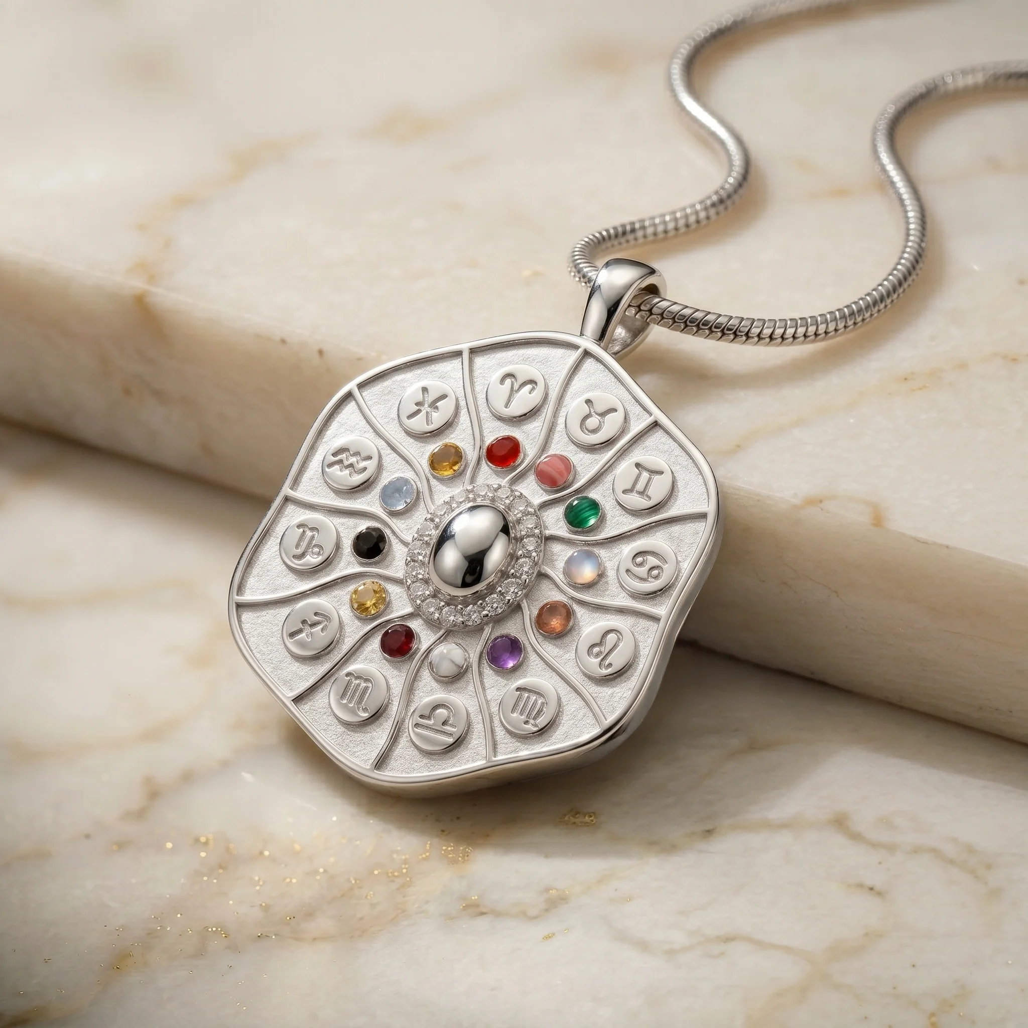 12-Zodiac Wheel Medallion Pendant with Crystals – 925 Silver