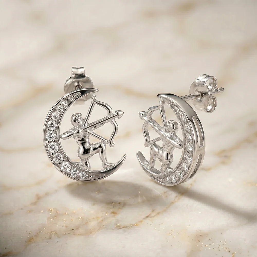 Sagittarius Zodiac Crescent Moon Moissanite Stud Earrings – 925 Silver