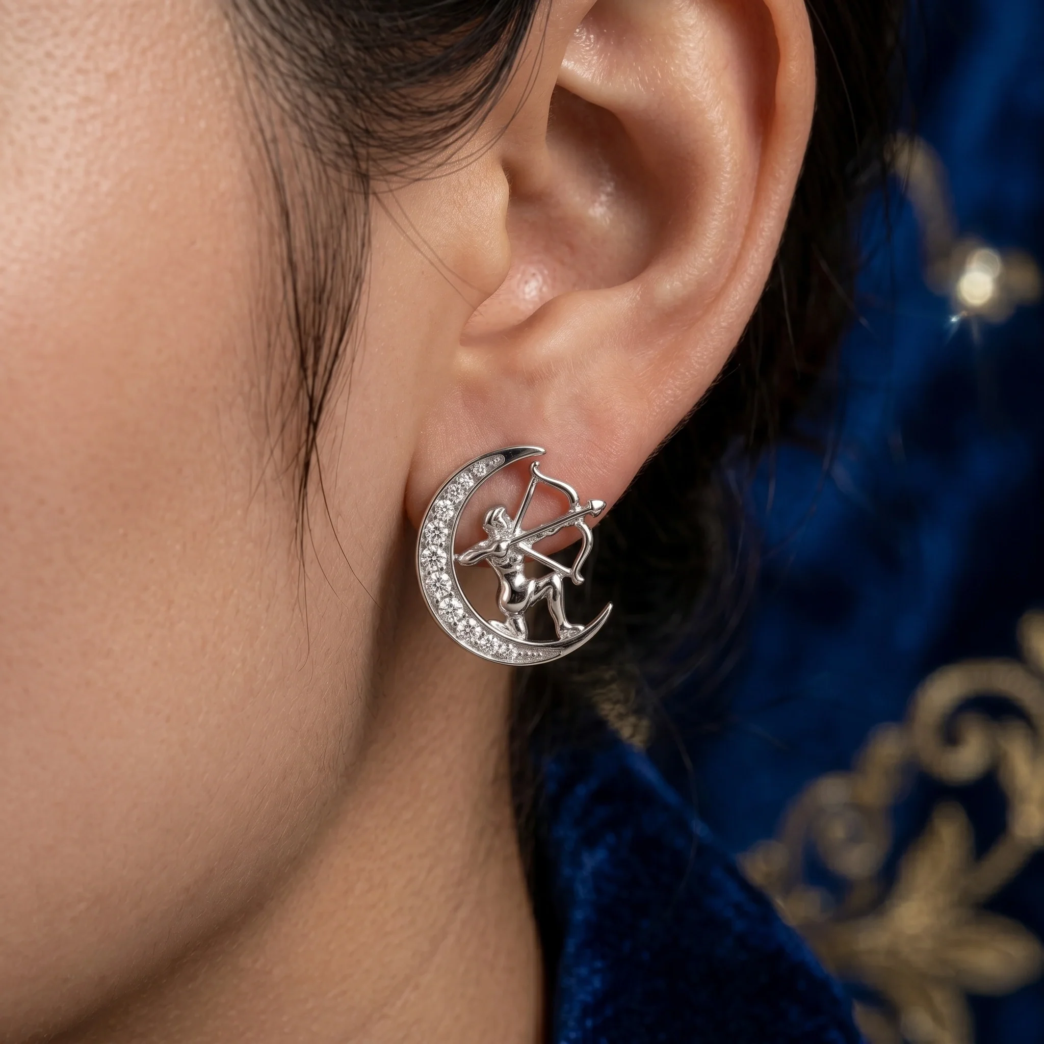 Sagittarius Zodiac Crescent Moon Moissanite Stud Earrings – 925 Silver - Image 2
