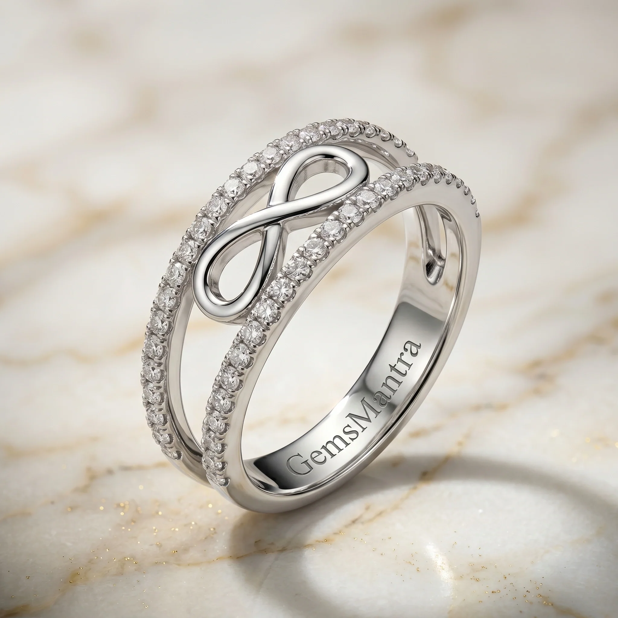 Infinity Motif Moissanite Split Shank Ring – 925 Silver