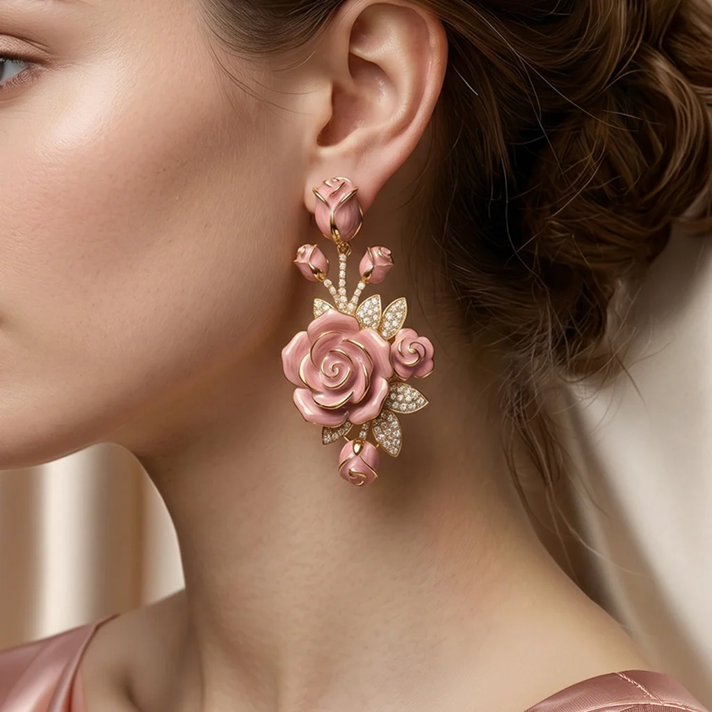 Pink Enamel Rose Floral Moissanite Drop Earrings – Gold-Plated - Image 2