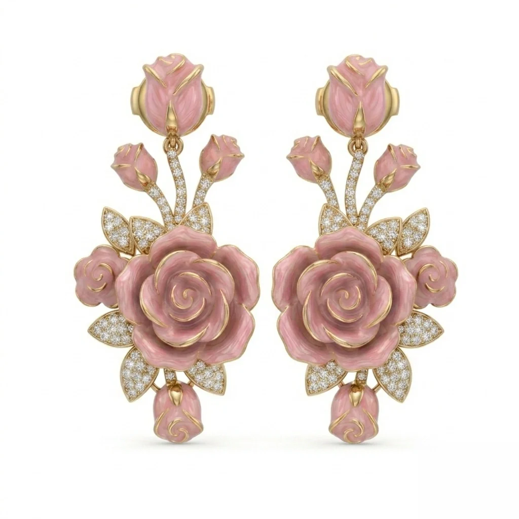 Pink Enamel Rose Floral Moissanite Drop Earrings – Gold-Plated - Image 3
