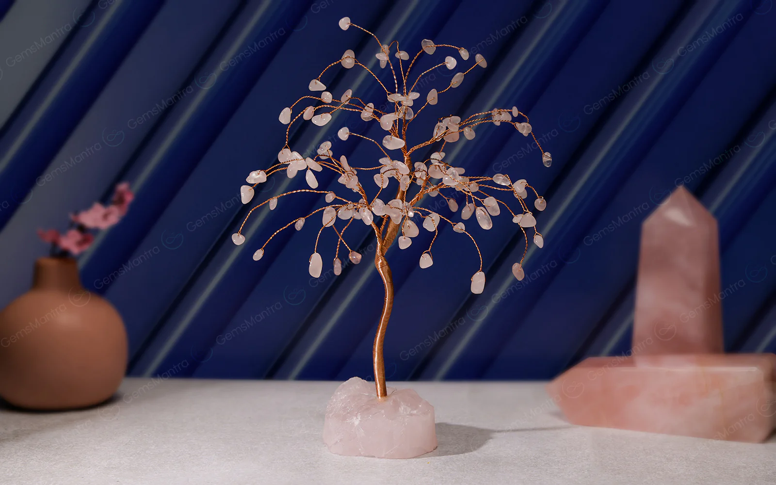 Rose Quartz Crystal Tree with Raw Rose Quartz – Large, for Vastu