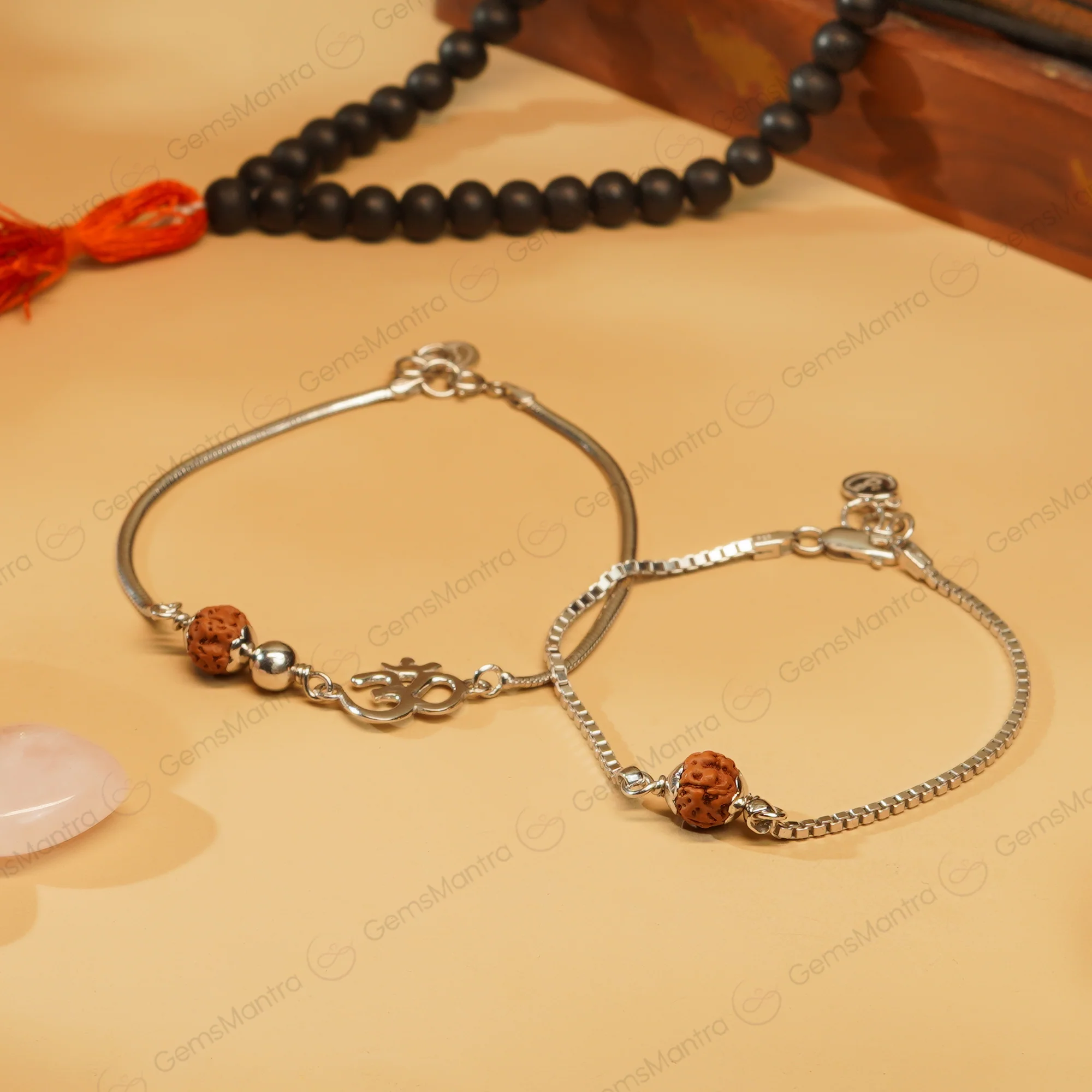 Sacred Bond 5 Mukhi Rudraksha Silver Couple Bracelets