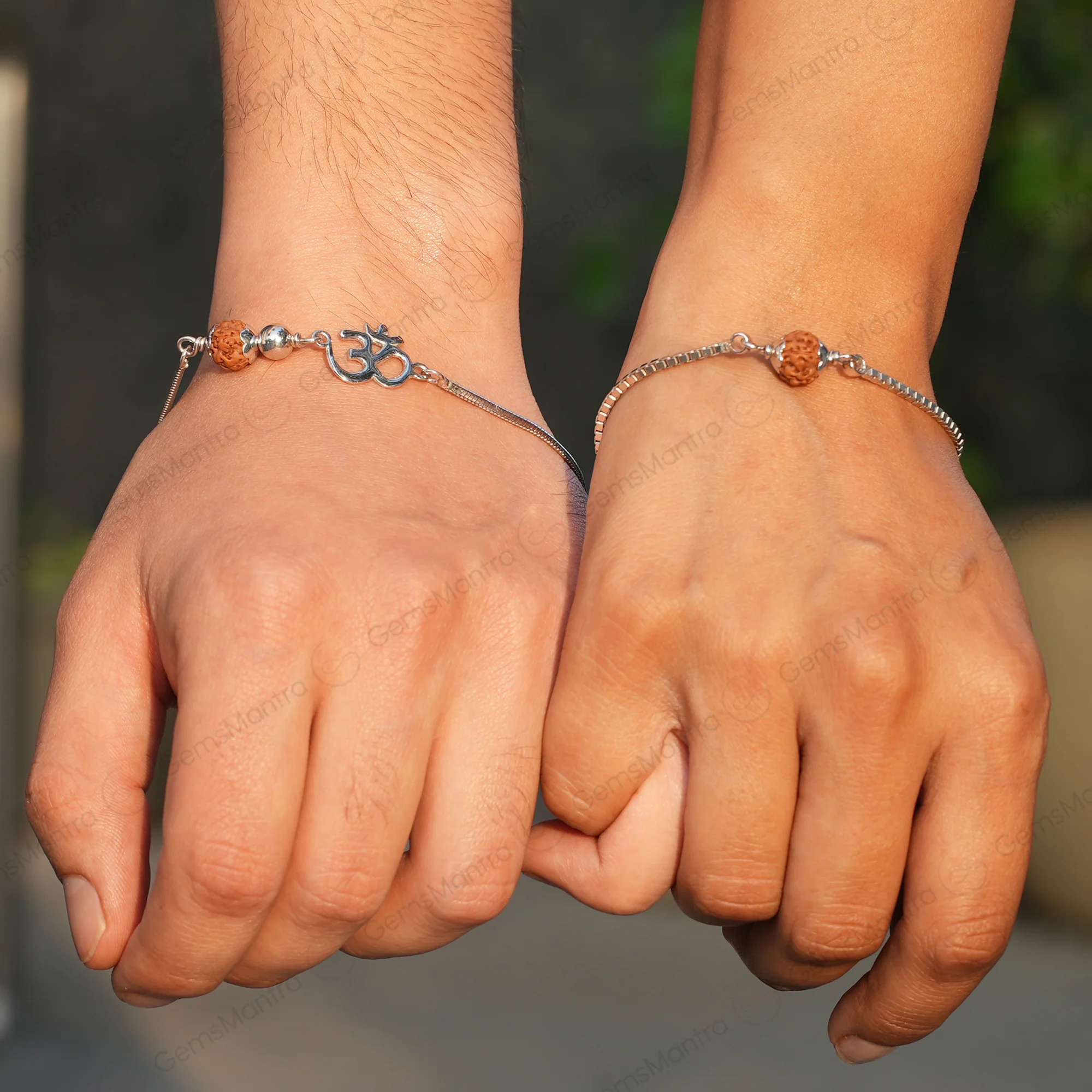 Sacred Bond 5 Mukhi Rudraksha Silver Couple Bracelets - Image 2