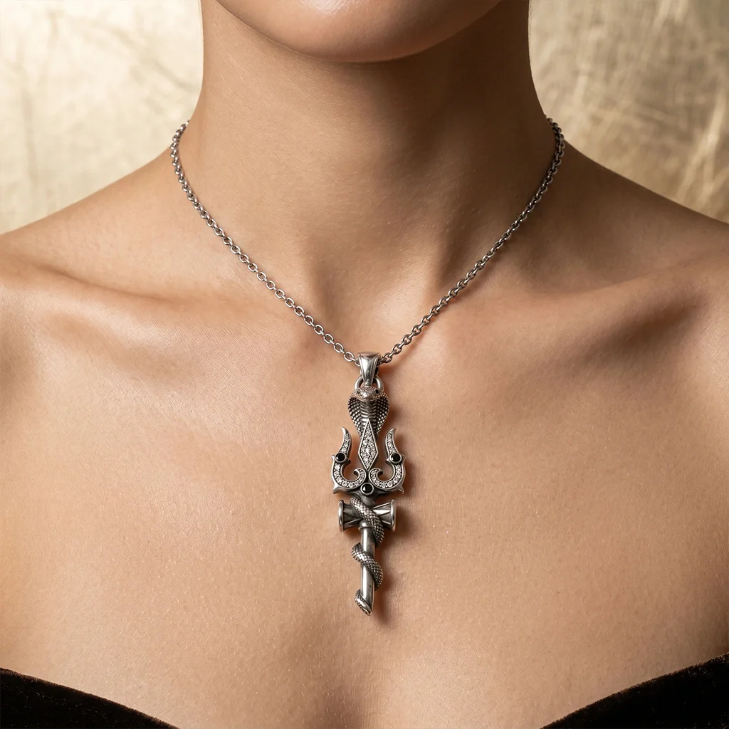 Spiritual Trident and Cobra Serpent Moissanite Pendant – 925 Silver - Image 2